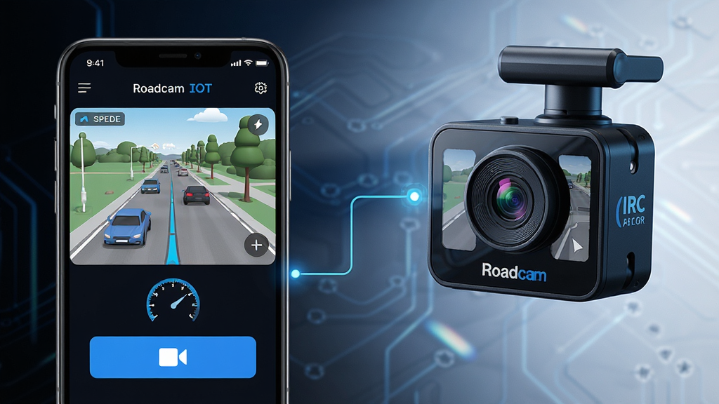 ���壺Roadcam IOT���������������г���¼��Ӳ���豸����չʾ�����֣����Ϊ�ֻ�Ӧ�ý��棬��ʾʵʱ·��¼���Ҳ�Ϊ��������ͷ����������ʾ�⡣�Ű棺�ɾ����ĿƼ��й�ͼ������Ԫ������������ִ��Ƽ��磬����ɫ��������������ϸ�ڣ�������ʾ��ͼ���ٶȡ�¼��ťͼ�꣬����ͷ��Ʒ�Ʊ�ʶ�����ʣ�8K�����壬�ɾ����޶���Ԫ�ء�