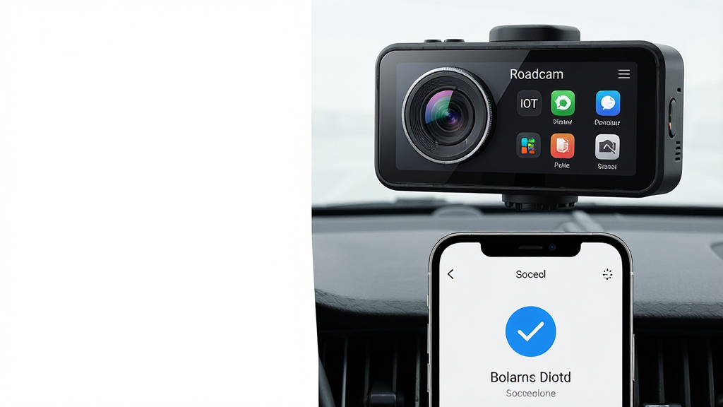 ���壺һ���������粣������г���¼�ǣ���Ļ��ʾRoadcam IOT�ֻ����ӽ��棻���֣�����λ���Ҳ࣬������ף�����ͼ�������ɼ����Ű棺���½ṹ���Ϸ�Ϊ�г���¼�ǣ��·�Ϊ�ֻ���Գɹ����棻��񣺿Ƽ��С��ִ���Լ��ϸ�ڣ���¼�Ǿ�ͷ�й����ֻ�������ʾ��ɫ���ӳɹ���ʶ������ɾ����ࣻ���ʣ�������Ⱦ���ɾ����޶���Ԫ��