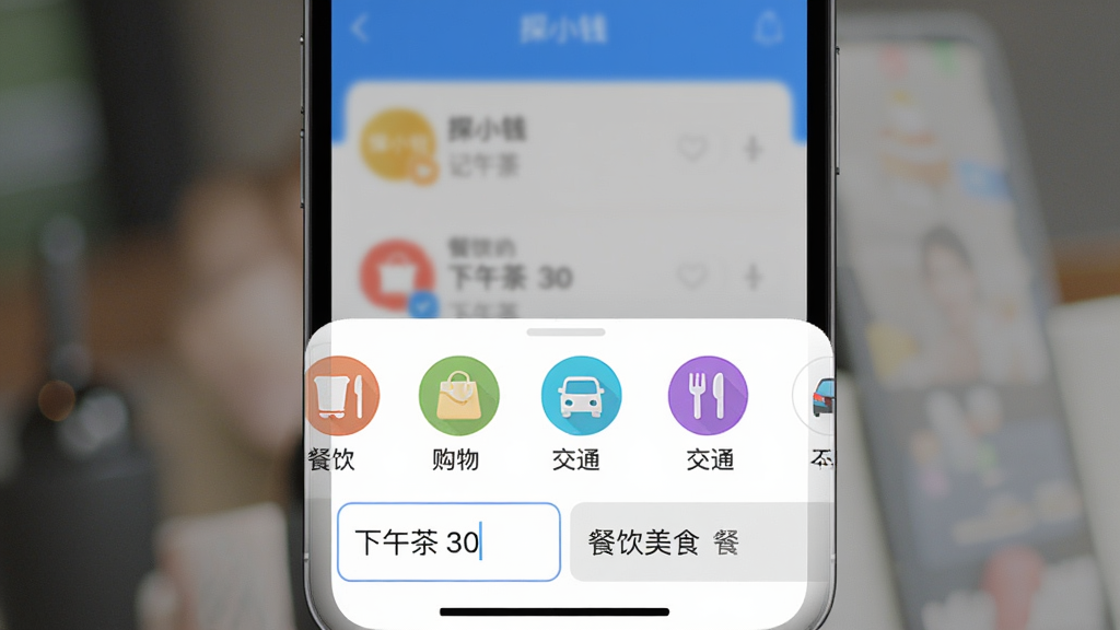 ��̽СǮ��APP�ļ�������ҳ�棬����ײ���������ѡ����壬����չʾ�����������ͨ�Ȳ�ɫͼ�꣬�����������Ϊ������� 30����ϵͳ�Զ�ƥ�䡰������ʳ�����࣬�����黯���ֻ����������������ִ�������ƽ����ɫ�����죬���ʸɾ����޶���Ԫ��