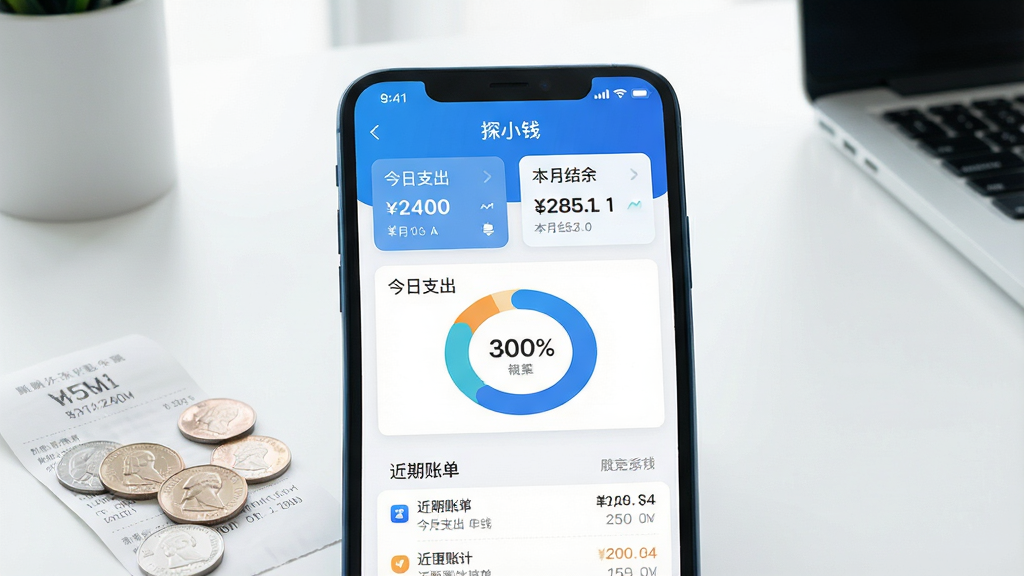 һ�������ֻ���Ļ��д����Ļ��������ʾ��̽СǮ��APP�������棬���������µ�������ɫΪ����������ʾ������֧�����롰���½��ࡱ���ݿ�Ƭ���·��ǻ���ͳ��ͼ������˵��б����ֻ���ɢ���ż�öӲ�Һ�һ��СƱ������Ϊ�������ִ���Լ�칫������ͼ���У��Ű��࣬���дʵ��ϸ�ڷḻ�����ʸ��壬�ɾ��޶���Ԫ��