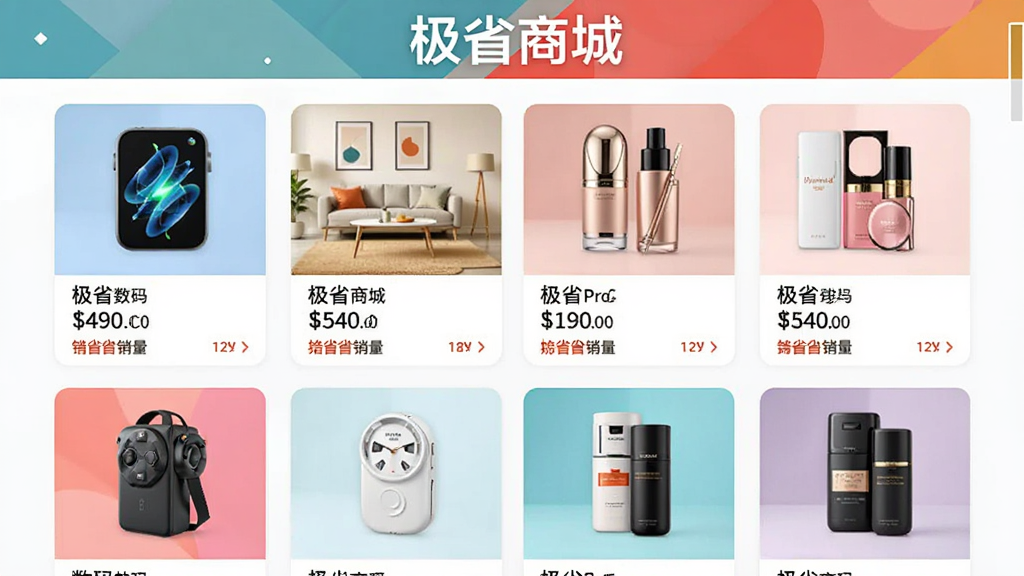 ��ʡPro�̳�ҳ��չʾ������Ϊ����ʡ�̳ǡ��������·���Ʒ�б��������롢�Ҿӡ���ױ��Ʒ�࣬ÿ����Ʒ�м۸��������ʾ�����岼�ֲ��ÿ�Ƭʽ��ƣ�ɫ�����������ʱ�У�����ɾ�����