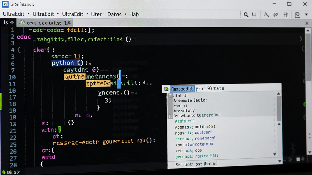 ���壺UltraEdit �༭����д����Ļ����ʾ�Ŵ��в�ɫ�﷨������ Python ���롣���֣������Ǵ���༭������괦��ʾ������ʾ���Ű棺���������淶��ע������������ִ������ࡢ�߶Աȶȡ�ϸ�ڣ�������ɫ�������Զ���ȫ�б����������ʣ������������޶���Ԫ�ء�