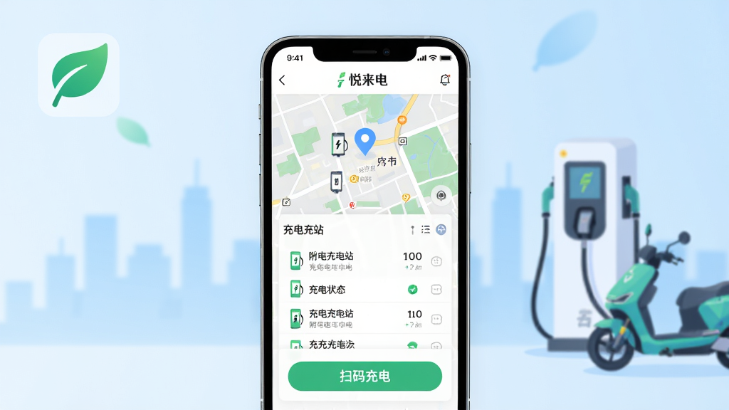 ���壺�ֻ���Ļչʾ�������硱APP���棬����������ʾ�������վ��ͼ�ͳ��״̬��Ϣ�����֣��ֻ�λ�ڻ������룬����Ϊ����ǳ��ɫ���䣬���Ͻ�����ɫ��Ҷͼ�꣬�Ҳ����Գ��׮�͵綯��Ԫ�ء��Ű棺�ֻ��������ݿɱ棬ͻ���������硱Ʒ�������������������򡣷���ִ��Ƽ��У���ƽ����ƣ�ɫ���������¡�ϸ�ڣ��ֻ���Ļ���е�ͼ��λ�����׮�б���ɨ���簴ť��������ģ���������������ʣ�������Ⱦ���ɾ��޶���Ԫ�ء�