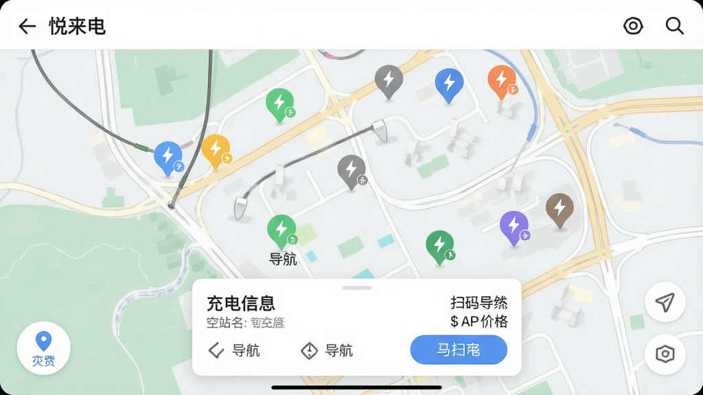 ���壺�������硱����ͼ�����ͼչʾ�����֣���ͼռ����Ļ���·��������վ��Ϣ��Ƭ�����½��ж�λ��ť���Ű棺��ͼ�϶�����վͼ�꣬��ͬ��ɫ���ֿ���״̬����Ϣ��Ƭ�г�վ�������롢�۸񡣷�񣺱�ƽ����ͼ������Ƹߵµ�ͼ��ɫ����͡�ϸ�ڣ���ͼ��·���������վͼ�����С�����ʶ����Ƭ�С���������ɨ���硱��ť�����ʣ�����ϸ�壬�޶���Ԫ�ء�