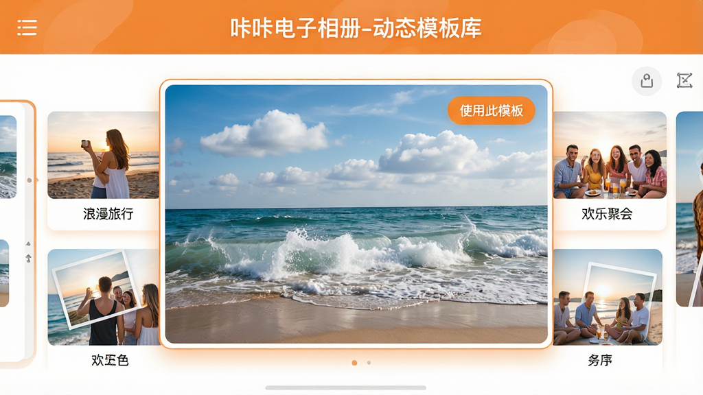���壺���ǵ���������������С����ܶ�̬ģ�塱ѡ��ҳ�棬��������Ϊ�����ǵ������-��̬ģ��⡱�� ���֣����һ�������Ŀ�Ƭʽ���֣�����һ��ģ�忨Ƭ���Ŵ�Ԥ����չʾ��Ƭ��̬����Ч���� �Ű棺��Ƭ�������£�ÿ�ſ�Ƭ�·���עģ�������硰�������С��������־ۻᡱ�� ��񣺻��������UI�����ɫ��Ϊ��ů�ĳ�ɫ���ɫ�� ϸ�ڣ���ѡ�е�ģ��Ԥ���У�һ�ź�����Ƭ�ϵ��˻��ڶ����ƶ仺��Ʈ�ƣ����Ͻ���һ����ʹ�ô�ģ�塱��ť�� ���ʣ���������������UIϸ�ڷḻ���޶���Ԫ�ء�