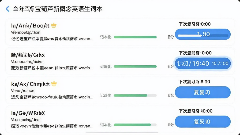 ����«�¸���Ӣ�����ʱ����棬����Ϊ���ʸ�ϰ�ƻ��б���ÿ�������Ҳ���ʾ�´θ�ϰ����ʱ�����������Ű���������������졣ϸ�ڰ����������ꡢ���塢�������������ϰ��ť�����ʸɾ����޶���Ԫ�ء�