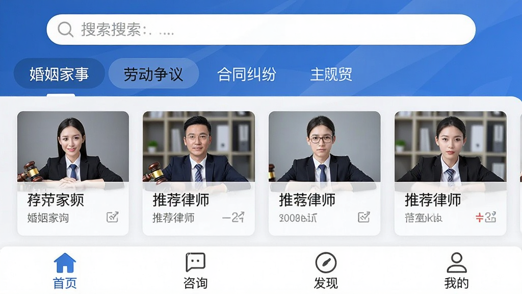 һ��չʾӮ��ʦ������ѯAPP������ĸ����ͼ������������������������ർ�����������¡��Ͷ����顢��ͬ���׵ȣ����Ƽ���ʦ��Ƭ���ײ�Ϊ��ҳ����ѯ�����֡��ҵ��ĸ���ǩ��������Ʋ�����ɫ�����񣬲��ּ��󷽣������������ɾ��޶���Ԫ��