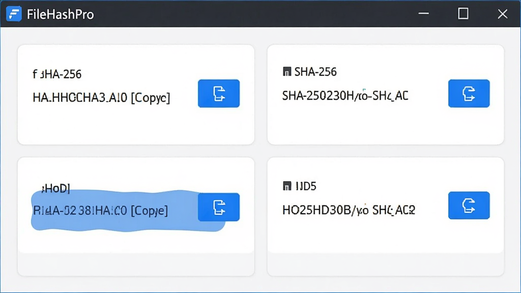 FileHashPro ��ϣ���㹦��Ԥ��ͼ���������� FileHashPro ��ʾ�ڴ��ڶ������Ҳ�չʾ SHA-256 �� MD5 �Ĺ�ϣ����б���ÿ��������и��ư�ť��������ÿ�Ƭʽ���֣���ɫ������ť���ִ�������ͼ��񣬻����������޶���Ԫ��
