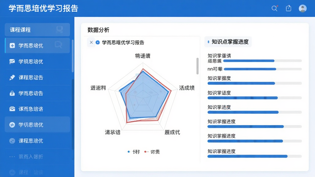 学而思培优学习报告页面展示,界面以图表形式呈现学生各科成绩雷达图和知识点掌握进度条,左侧为课程列表,右侧为详细数据分析。整体风格简洁直观,蓝白配色,画质清晰,无多余元素。