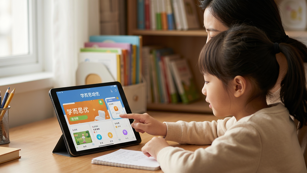 学而思培优使用指南图解,一名家长正指导孩子使用平板电脑学习学而思培优课程,画面温馨。背景是书桌和书架,界面显示学而思培优APP主界面。图片风格写实,光线柔和,画质高清,细节丰富,干净无多余元素。