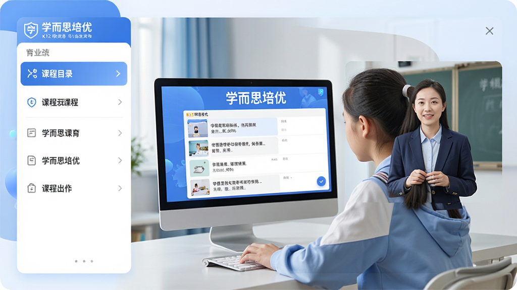 学而思培优是一款专业的K12在线教育平台,界面以蓝色和白色为主色调,干净明亮。主视觉展示一名中学生正在电脑前专注地观看直播课程,屏幕上显示“学而思培优”字样和课程列表。画面布局清晰,左侧为课程目录,右侧为老师授课画面,整体风格现代简约,画质高清,细节丰富,无多余元素。