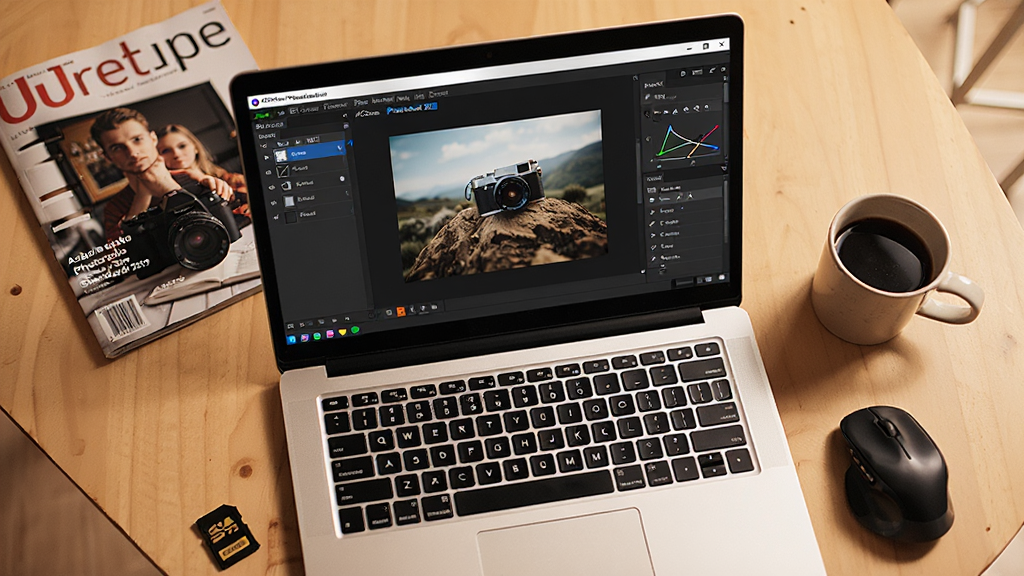 ���壺һ�űʼǱ�������Ļ��ʾACDSee Photo Studio Standard 2019�ı༭���棬�Ա߷������Ϳ��ȱ������֣����ӽǶȣ��ʼǱ��ڻ������롣�Ű棺��Ļ����ʾ��ͼ�㡱���͡����������ߡ�������������ůɫ����ϸ�ڣ�����������Ӱ��־��SD�������ʣ����壬�ɾ����޶���Ԫ�ء�