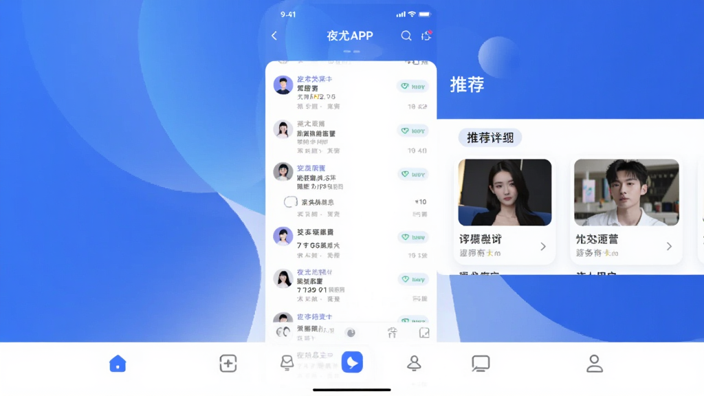 һ��չʾҹ��APP������ĸ����ͼ����������ײ�����������Ϣ�б����Ƽ��û���Ƭ���������ִ���Լ������ɫ�Ͱ�ɫΪ��ɫ��������Ϊ���󽥱䣬���������ɾ����޶���Ԫ�أ�ͻ��ҹ���罻������Ʒ�ƸС�