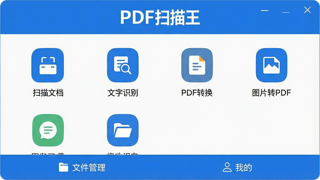һ��չʾPDFɨ��������������ĸ����ͼ�����沼���������Ϸ���ʾ��PDFɨ������Ʒ���������м�Ϊ����ͼ�����񣬰�����ɨ���ĵ�����������ʶ�𡱡���PDFת��������ͼƬתPDF���ȣ��ײ��С��ļ��������͡��ҵġ�ѡ��������Լ�ִ�������ɫΪ��ɫ���������������ɾ��޶���Ԫ��