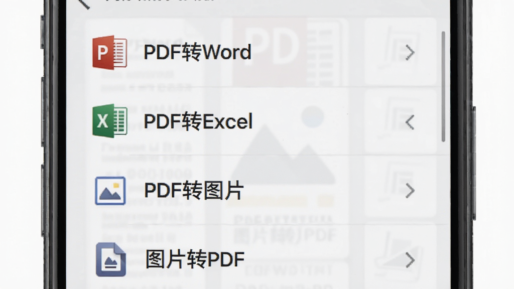һ��չʾPDFɨ������ʽת�����ܵĽ����ͼ���ֻ���Ļ���г���PDFתWord������PDFתExcel������PDFתͼƬ������ͼƬתPDF����ת��ѡ�ÿ��ѡ�����ͼ�꣬����Ϊǳ��ɫ���������࣬ͻ����PDFɨ�������Ķ๦��ת�����������������޶���Ԫ��