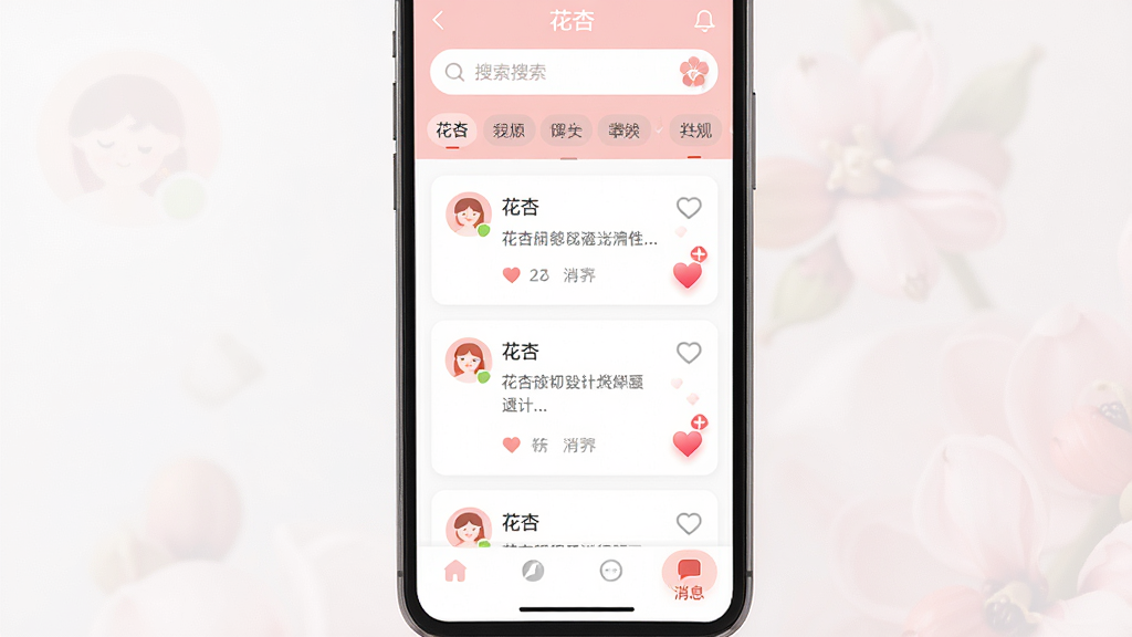 ����APP������Ԥ��ͼ������Ϊ�ֻ���Ļչʾ�罻��̬���������Ϸ�������������ǩ���в���Ƭʽ��Ϣ�б����ײ���������������Ϣ����ť������ƽ���£���ɫ���������ɫ��ϸ��Բ��ͷ������޶��������ʸ���ɾ����޶���Ԫ�أ����ֱ�ע�����ӡ�