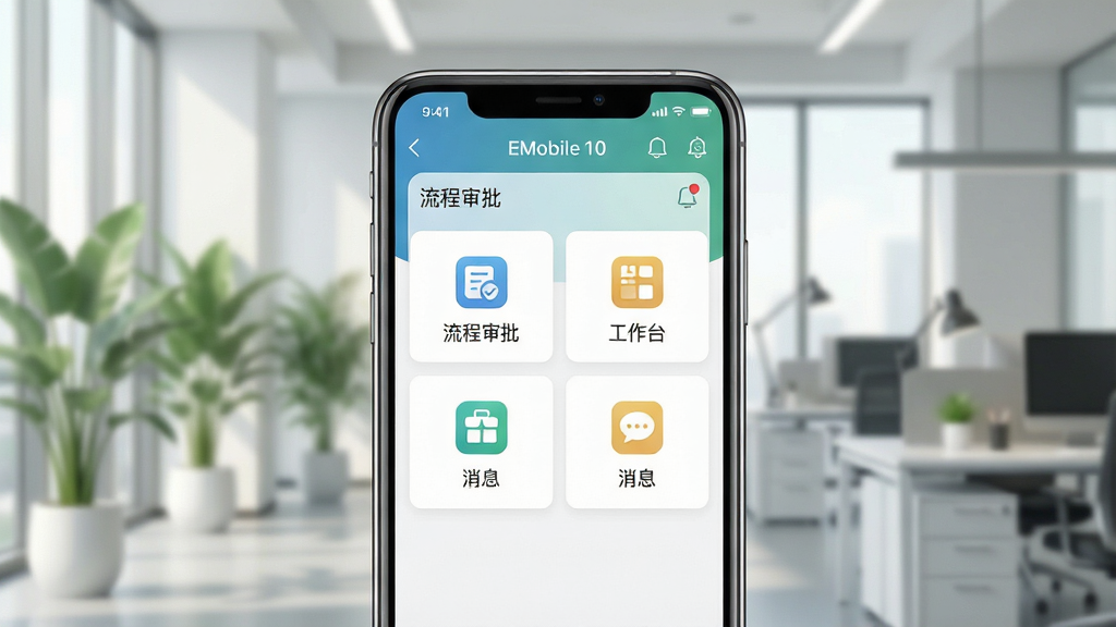 һ��չʾEMobile10�ƶ��칫�������Ľ���ĸ������ֲ廭������Ϊһ����������EMobile10Ӧ�õ������ֻ�����Ļ��ʾ�����ġ�������������������̨��������Ϣ����ģ��ͼ�꣬����Ϊ�ִ����칫������������ɫֲ��������Ȼ�⣬���־��У����дʵ�Ҽ�࣬ϸ�ڰ�����Ļ�ϵ����Ĳ˵���֪ͨ��������ϸ��ɾ����޶���Ԫ��