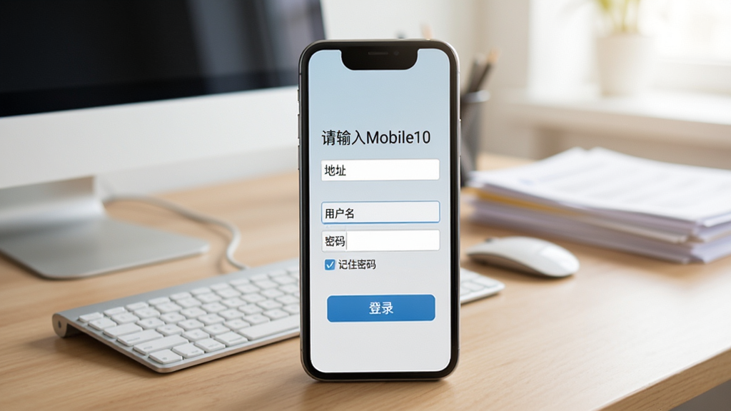 һ���ֻ���ʾEMobile10��¼���棬����Ϊ�칫�����е��Ժ��ļ�����Ļ����ʾ���������������ַ�����·�Ϊ�û�������������򣬽����࣬���дʵ������������ϸ�ڰ�������ס���롱ѡ��͡���¼����ť�����ʸɾ�����