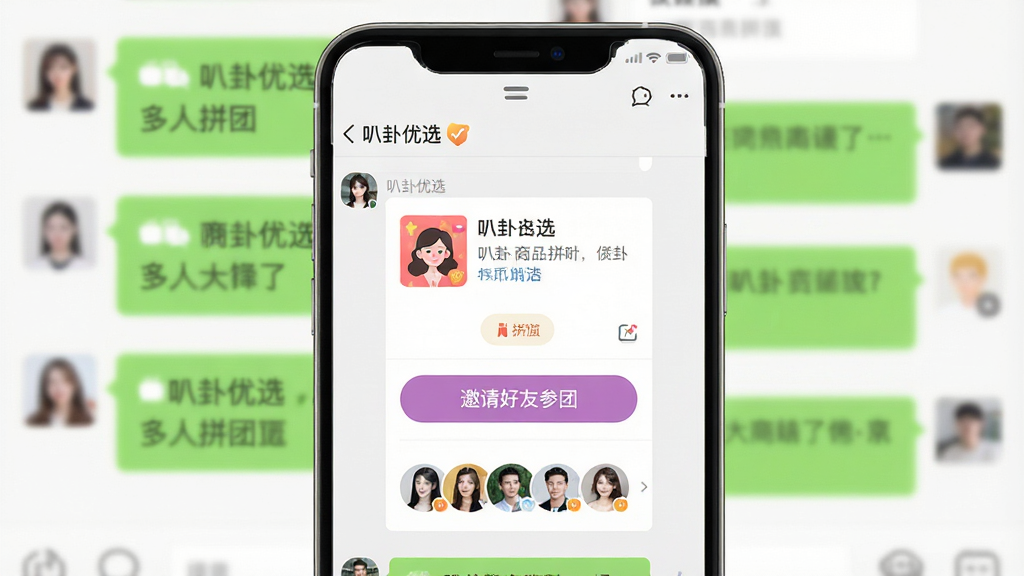 ������ѡAPP������ƴ�š�����ʾ�⣬��������Ϊ�ֻ�������棬��ʾһ����Ʒƴ�����ӿ�Ƭ���·��С�������Ѳ��š���ť�ͺ���ͷ���б�������������΢�ŶԻ�����ģ��Ч��������������罻����ɫ��������������Ȼ�����������ɾ����޶���Ԫ�أ�ͼƬ���������ע��������ѡ��