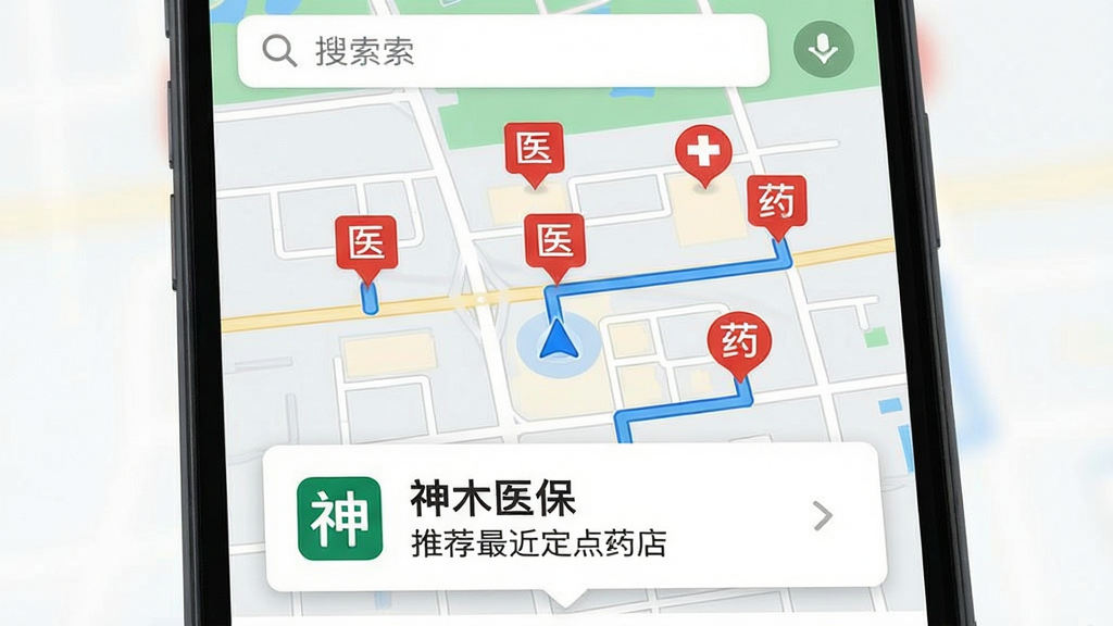 ���壺�ֻ���ͼ�������棬��ͼ�Ϸֲ��Ŷ�����С�ҽ���ֺ͡�ҩ���ֵĺ�ɫСͼ�꣬�ײ������Ŀ�Ƭ��ʾ����ľҽ�����Ƽ����������ҩ�ꡣ���֣���ͼռ����Ļ�󲿷֡��Ű棺�����࣬�Ϸ��������򡣷�񣺱�ƽ����ͼ���ϸ�ڣ���ǰλ������ɫԲ���ʾ���Ƽ�·������ɫϸ�߱�ע�����ʣ��߷ֱ��ʣ��ɾ����޶���Ԫ�ء�