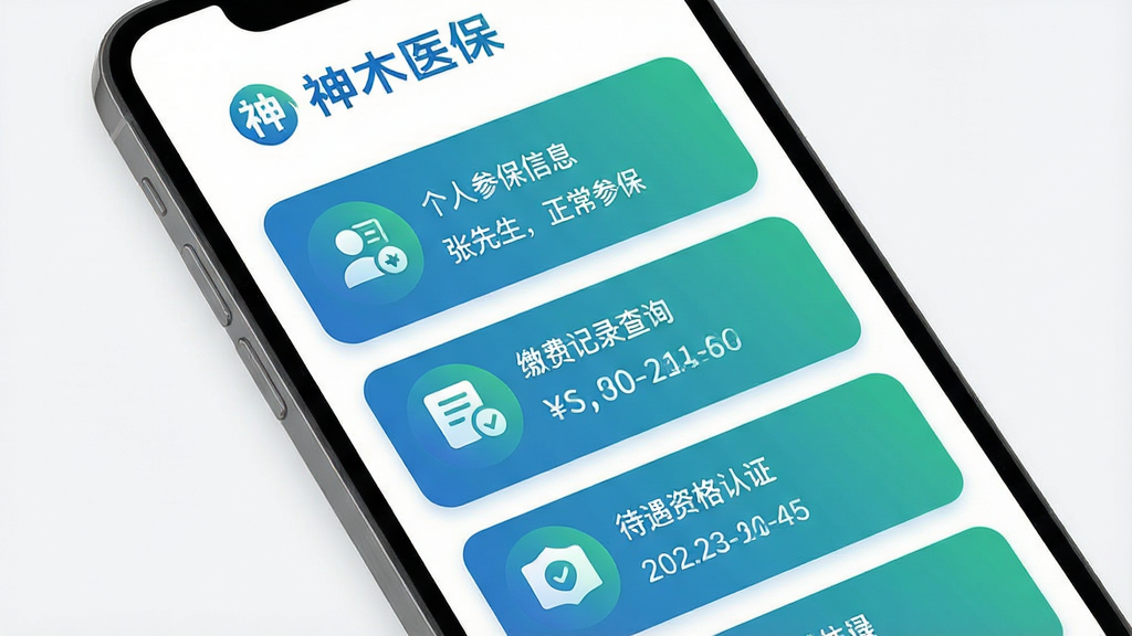 ���壺һ������Լ�������ֻ����棬���涥���С���ľҽ������ɫ���ֺ�Logo���·���������Ĺ���ͼ�ꡣ���֣������б�ʽ���֣����ϵ�������չʾ�����˲α���Ϣ�������ɷѼ�¼��ѯ�����������ʸ���֤����ģ�顣�Ű棺������ÿ�Ƭʽ��ƣ�ÿ����Ƭ��Բ�ǣ�ͼ��Ϊ����ɫ���䡣��񣺱�ƽ��UI��ƣ���������ֱ�ۡ�ϸ�ڣ��ڡ����˲α���Ϣ����Ƭ����ʾ���������������α����������ڡ��ɷѼ�¼������ʾ����ʱ�䡣���ʣ��������ȣ��ɾ����޶���Ԫ�ء�