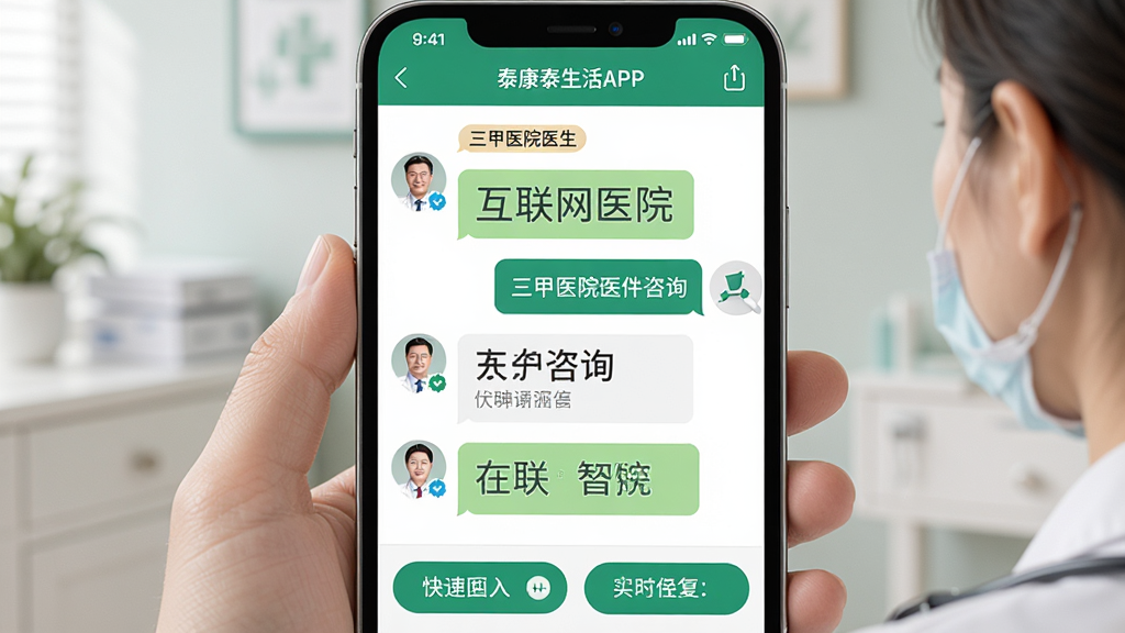 ���壺̩��̩����APP�ġ�������ҽԺ�����棬ҽ�����߻ظ���ѯ�����֣��Ի���ʽ������棬�ײ��п�ݻظ���ť���Ű棺������Ϣ�������£�ҽ��ͷ�����֤��ʶ�����ҽ�Ƹ���ɫ���ɫ���䣬רҵ��ܰ��ϸ�ڣ���Ļ����ʾ������ҽԺҽ������ǩ�����ʣ��������ȣ��ɾ��޶���Ԫ�ء�