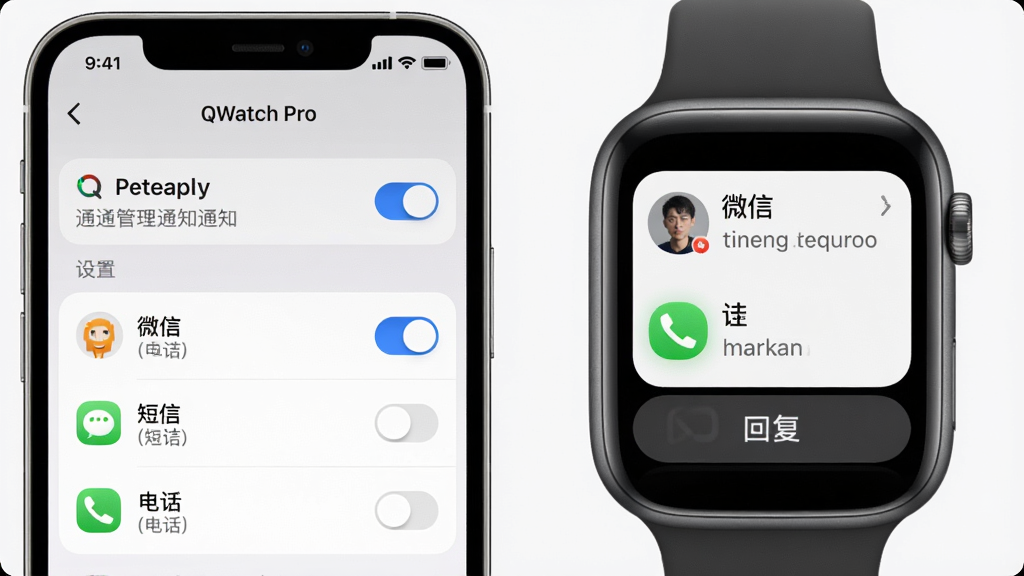���壺QWatch Pro֪ͨ�������棬�ֻ����ֱ�ͬ����ʾ��Ϣ���ѡ����֣�����ֻ�ģ������ʾ֪ͨ���ã��Ҳ��ֱ���ʾ��Ϣ��Ƭ���Ű棺�����������ͼ�꣬�ֱ���Ϣ��ʾ��ϵ��ͷ��������ժҪ����񣺼�Լ���񣬻�ɫ���ɫ������ϸ�ڣ�֪ͨ�б���