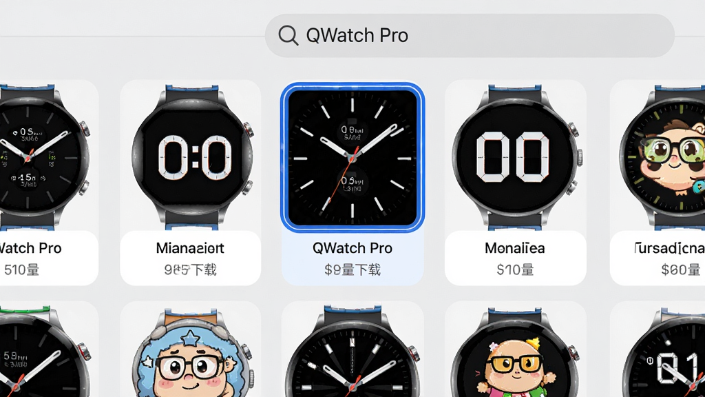 ���壺QWatch Pro�����̵���棬չʾ����������ͼ�����֣��������У�ÿ������·���ʾ���������������Ű棺����ͼ��Сͳһ����ǰѡ�б�������ɫ�߿򡣷��ʱ�л��ã�����Ϊǳ�ҡ�ϸ�ڣ���������ͼ����ָ��ʽ������ʽ����ͨʽ�ȣ�������������