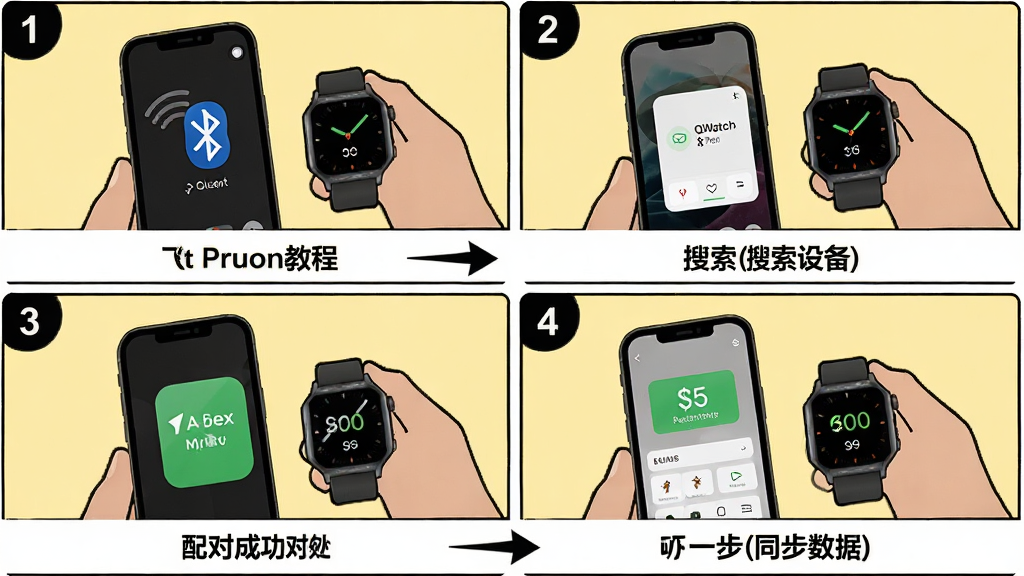 ���壺QWatch Proʹ�ý̷ֲ̳�ʾ��ͼ���ֻ����ֱ����Ӳ��衣���֣��ĸ��������ÿ���ע������š��Ű棺����˵����ͼƬ�·�����ͷָʾ��һ������񣺼���ѧ�磬ǳ�Ʊ�����ϸ�ڣ���һ����ʾ���������ڶ�����ʾ�����豸����������ʾ��Գɹ������ĸ���ʾͬ�����ݡ����ʣ����塢�ɾ����޶���Ԫ��