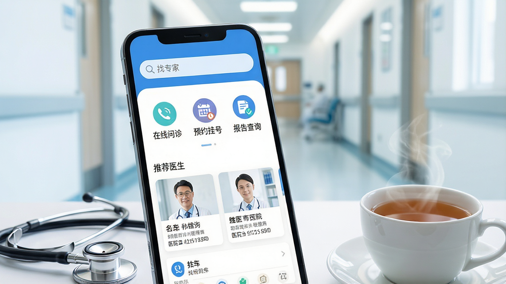 һ�������ֻ���Ļ����ʾ������ҽ��App����ҳ���棬�����������£�����ɫ�Ͱ�ɫΪ��ɫ��������������д�š���ר�ҡ����м��ǡ������������ԤԼ�Һš����������ѯ������ͼ�꣬�·����Ƽ�ҽ���б���Ƭ����Ƭ����ҽ��������ְ�ƺ�ҽԺ��Ϣ���ֻ��Ա߷�����һ����������һ���Ȳ裬�������黯���ִ�ҽԺ���ȣ����������ɾ���רҵ�к���ܰ�в��棬ϸ�ڷḻ�����ʸ��壬�޶���Ԫ��