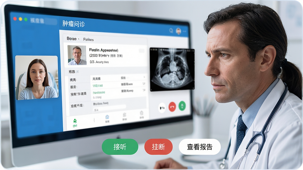 ����ҽ��App���������﹦�ܽ��棬ҽ�����ӽǣ�ҽ����ͨ����Ƶͨ���뻼�߽�������Ļ����ʾ�Ż��ߵĲ������Ϻ�Ӱ��ͼƬ��ҽ����������רע�������·��С������������Ҷϡ������鿴���桱�����ⰴť������UI���רҵ�������һ��С����չʾ���ߵ�ʵʱ���棬����ɫ����ҽ�����Ͱ�ɫΪ��������������ϸ�ڷḻ�����ʸɾ����޶���Ԫ��