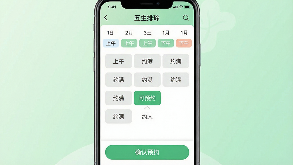 ����ҽ��App��ԤԼ�ҺŽ��棬�ֻ���Ļ����ʾ��ҽ���Ű�������������·��С����硱�������硱��Դ��ǣ����м���ʱ�����ʾ��Լ������һ����ԤԼ��ʱ�θ�����ʾ���ײ��С�ȷ��ԤԼ����ť�����������׶��������ǵ���ɫ����ͽ��䣬����������ϣ�������岼�ּ�����ˣ�ϸ�ڵ�λ�����ʸɾ����޶���Ԫ��