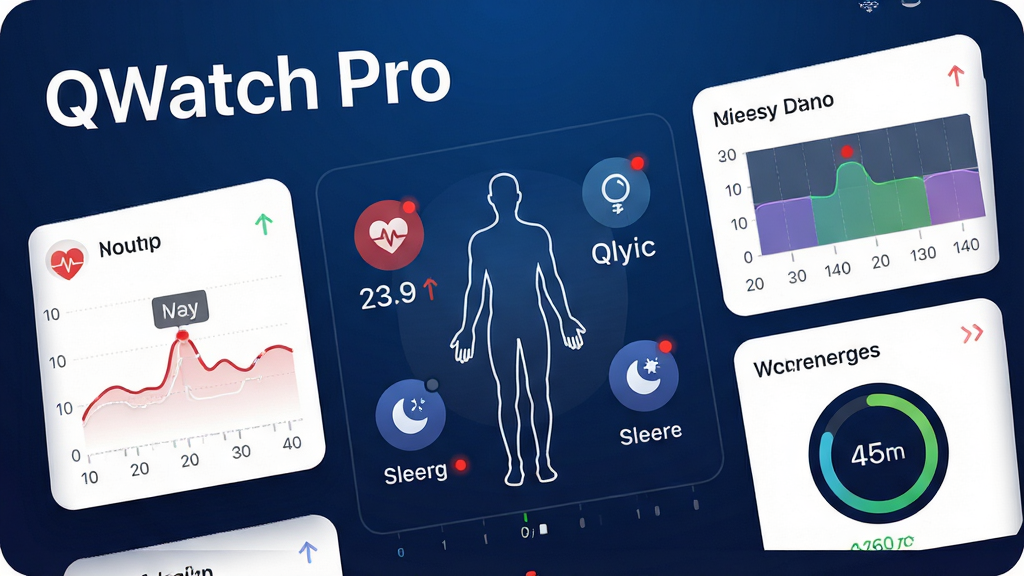 ����ΪQWatch Pro�����������չʾ���棬��������֡�QWatch Pro��λ�����Ͻǣ���������������ͼ����Χ�ֲ����ʡ�Ѫ����˯�ߵ�Բ��ͼ����ʵʱ���ݡ����ֲ��ÿ�Ƭʽ���У�����������Ϊ�������ߡ�˯�߷���ͼ������������Ű����������䱳�����ɫ���壬���Ϊרҵҽ�Ƽ�UI��ϸ�ڰ������Ƽ�ͷ���쳣�����ʾ��ʱ����̶ȡ����ʳ�ϸ�壬�ɾ��޶���Ԫ�ء�