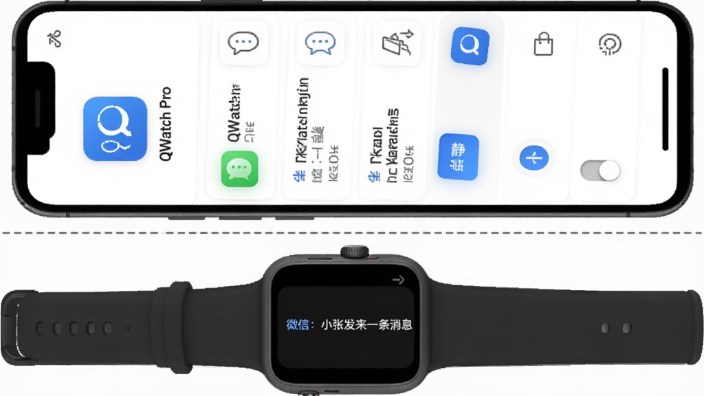 ����ΪQWatch Pro֪ͨ�������棬�ֻ���Ļ��ʾ��QWatch Pro��Ӧ��ͼ����֪ͨ�б����·��ֱ�����ʾ��Ϣ�����΢�ţ�С�ŷ���һ����Ϣ�������ֲ������½ṹ���Ϸ��ֻ����·��ֱ����м����������ӡ��Ű�����������ɫ�������������壬���Ϊ��ƽ���廭��ϸ�ڰ�����Ϣͼ�ꡢ��ݻظ���ť���������ء����������߱��棬�ɾ��޶���Ԫ�ء�