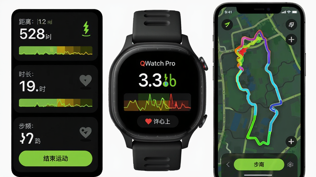 ����ΪQWatch Pro�˶���¼���棬�ֱ�������ʾʵʱ���������ʣ��ֻ���ͼ����ʾ��ɫ�켣·�ߡ����ֲ������ҶԳƣ����Ϊ�˶����ݿ�Ƭ�����롢ʱ������Ƶ�����Ҳ�Ϊ�켣��ͼ���Ű������ɫ�˶����ӫ�������ɫ�Աȡ����Ϊ�����˶�UI��ϸ�ڰ�����̱���ǡ���������ɫ���������˶���ť�����ʸ߶�̬��Χ���ɾ��޶���Ԫ�ء�
