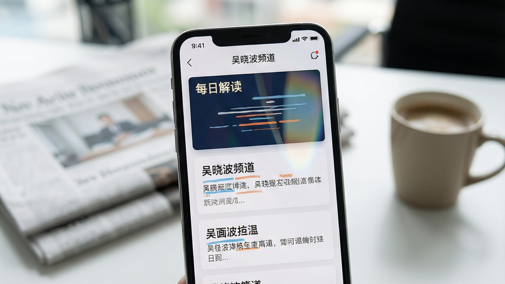 ���壺һ���ֻ���Ļ��д����Ļ���ǡ�������Ƶ����APP��Ƶ��ҳ�棬�����С�ÿ�ս������Ŀ�����������Ŵ��б����ժҪ�Ŀ�Ƭ�����֣��ֻ�λ�ڻ������룬����Ϊ�黯�İ칫�һ������б�ֽ�Ϳ��ȱ����Ű棺APP��������չʾ����������Ϊ��������ű������������дʵ��Ӱ��񣬹���������͡�ϸ�ڣ��ֻ���Ļ�����΢�⣬��Χ�����ɾ����࣬��ʾ��Ч��רҵ�����ʣ����壬�Խ���׼������ɾ����޶���Ԫ�ء�