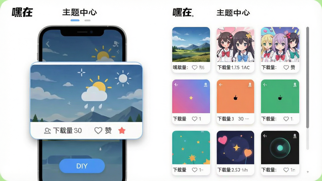 ���壺�����ڡ�Ӧ�õĸ��Ի���������ҳ�棬չʾ������챳������ͼ�������羰����������ɫ�ȣ�����һ���������Ŵ���ʾ���ֻ���Ļ���롣���֣����Ϊ�ֻ�Ԥ�����Ҳ��������б����������У����й��������Ű棺�����С����ڡ�LOGO�͡��������ġ��������ײ��С�DIY����ť��������������UI��ƣ����ÿ�Ƭʽ���֣�Բ�Ǳ߿������Ӱ��ϸ�ڣ���������ͼ�·��С����������͡��ޡ���ͼ�꣬Ԥ���ֻ�����ʾ��̬����Ч�������ʣ��ɾ��޶���Ԫ�ء�