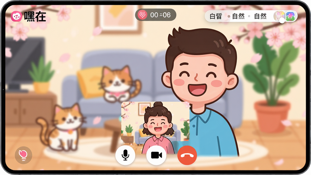 ���壺�����ڡ�Ӧ����Ƶͨ�����棬��Ļ����ʾ������ͨ�������ڿ��ĵ���Ƶ���죬����������ͼ����˾�ѡ���������֣������Ϸ��ǶԷ���Ƶ���棬�·��Ǳ���Ԥ��С�����ײ�����˷硢����ͷ���Ҷϵȿ��ư�ť���Ű棺���Ͻ���ʾ�����ڡ�LOGO��ͨ��ʱ���ڶ������롣��񣺻��õĿ�ͨ���ɫ���������е�����ӣ���˾�Ч����ϸ�ڣ���Ļ�����ﱳ��Ϊģ���Ŀ�������è��ֲ����ջ�����ʾ����𪡱������Ȼ����ѡ����ʣ����壬�ɾ��޶���Ԫ�ء�