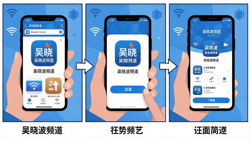 ���壺�û��ֳ��ֻ���ʾ������Ƶ��APP���ذ�װ���裻���֣���һ��չʾӦ���̵�������������Ƶ�������ڶ���չʾ�������װ����ť��������չʾ��Ӧ�ú����ҳ���棻�Ű棺��������ʽ�Ű棬���м�ͷָʾ��ÿ���·��м������˵����������µı�ƽ����ͼ��������ɫ����ϸ�ڣ��ֻ���Ļ��������ʾ��������Ƶ����Ӧ��ͼ�꣬������wifi�͵���ͼ�ꣻ���ʣ�����ʸ����񣬸ɾ��޶���Ԫ�ء�