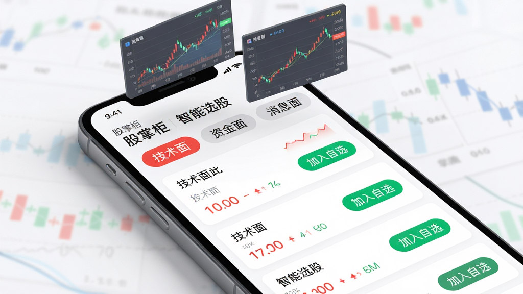 ���壺���ƹ�APP������ѡ�ɹ��ܽ��棬��Ļ��չʾ��ֻ��Ʊ��ɸѡ����б���ÿֻ��Ʊ�Ա��С�������ѡ����ť�������С������桱�����ʽ��桱������Ϣ�桱����ɸѡ��ǩ�����֣��ֻ�����չʾ��UI����ռ�����棬��Ʊ�б��������У���ǩ��������ʾ�������桱���Ű棺�����԰�ɫΪ��ɫ������ɫ�ǵ�������Ŀ�����ÿ�Ƭʽ��Ϣչʾ����񣺼������Ľ��ڿƼ�����������������ݿ��ӻ�ͼ�����ֻ��Ϸ�3D����չʾ��ϸ�ڣ��ֻ���Ļ������֡����ƹ������͡�����ѡ�ɡ����⣬ͼ�����ݾ��ܡ����ʣ�������Ⱦ����Ӱ��Ȼ���޶���Ԫ�ء�