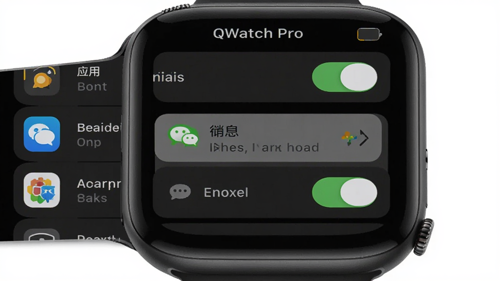 QWatch Pro��Ϣ֪ͨ���ý����ͼ��չʾӦ���б��Ͷ�Ӧ�Ŀ��ذ�ť���ֱ���Ļ����ʾ΢����ϢԤ��������Ϊ��ɫģʽ��������ʾ֪ͨͼ�꣬��ͼ������ͻ����Ϣ���͹��ܣ����ʸɾ�