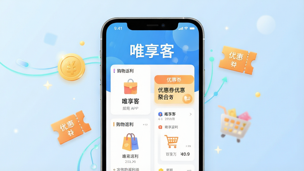 主体:唯享客APP界面展示,手机屏幕显示购物返利和优惠券聚合页面,界面风格清新简约,色彩明快。布局:手机居中,屏幕内容清晰可见,旁边有金币和优惠券图标点缀,背景为淡雅的浅蓝色渐变。排版:整体画面均衡,突出APP名称“唯享客”字样,界面元素排列有序。风格:现代扁平化设计,科技感与亲和力结合,细节丰富,高光柔和。画质:4K超清,干净,无多余元素。