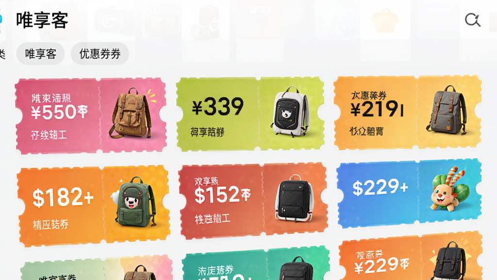 主体:唯享客APP内优惠券列表页面,展示多张色彩鲜艳的优惠券卡片,每张卡片上有面额和商品图片。布局:多张优惠券卡片呈网格状排列,背景为浅灰色,突出卡片内容。排版:卡片排列整齐,间距适中,顶部有“唯享客”字样和分类标签。风格:电商风格,图片清晰明亮,促销氛围浓厚,细节精致。画质:高清,干净,无多余元素。