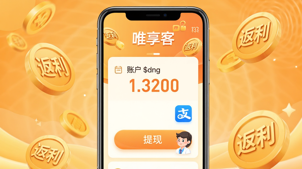 主体:唯享客APP返利提现页面,显示账户余额和提现按钮,旁边有微信和支付宝图标。布局:手机界面居中,背景为温馨的橙黄色渐变,突出金色金币元素和“唯享客”字样。排版:界面元素垂直排列,简洁清晰,余额数字醒目。风格:明亮活泼的插画风格,结合3D金币渲染,质感突出,画质干净。细节:金币上刻有“返利”字样,背景有淡淡的波纹。画质:高清,干净,无多余元素。