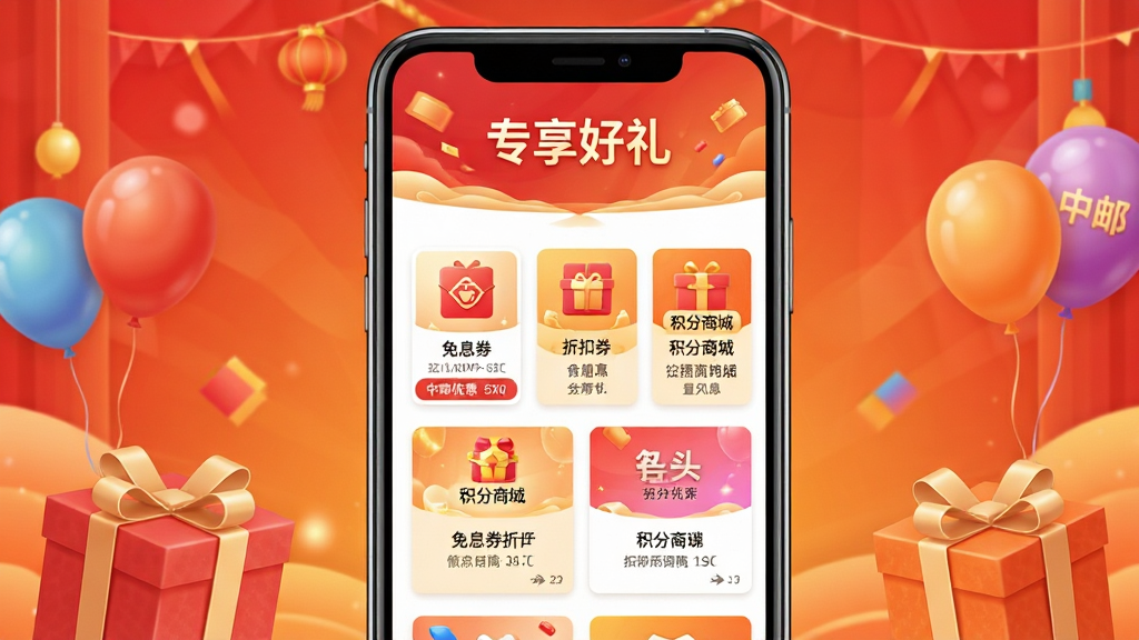��������Ϊ�ֻ���Ļչʾ����Ǯ�����Żݻҳ�棬ҳ���Ϸ��С�ר�������������·���������Ϣȯ���ۿ�ȯ�������̳ǵ�ͼ�꿨Ƭ������Ϊϲ��ĺ�ɫ���ɫ���䣬Ӫ����շ�Χ�����ܵ�׺����С������װ��Ԫ�أ����岼��Ϊ��Ƭʽ���У��Ű���������������飬ϸ�ڰ���ÿ�ſ�Ƭ�ϵľ����Ż����֣����ʸ��壬�ɾ��޶���Ԫ��