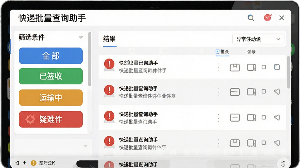 展示快递批量查询助手异常件筛选界面,画面中列表左侧为筛选条件面板,包含“全部”、“已签收”、“运输中”、“疑难件”等彩色标签按钮,右侧为筛选结果列表,其中几条记录以红色感叹号图标标记,顶部有“快递批量查询助手”字样,整体风格清爽简洁,布局合理,细节丰富,画质干净