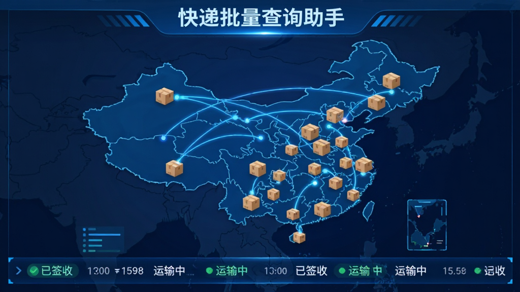 展示快递批量查询助手物流动态更新界面,画面中心是一张中国地图,地图上有多个快递箱图标从不同城市出发,线条连接至各个目的地,下方滚动显示最新物流信息,包括“已签收”、“运输中”等状态,顶部有“快递批量查询助手”字样,整体风格科技感强,蓝色调为主,细节丰富,画质干净