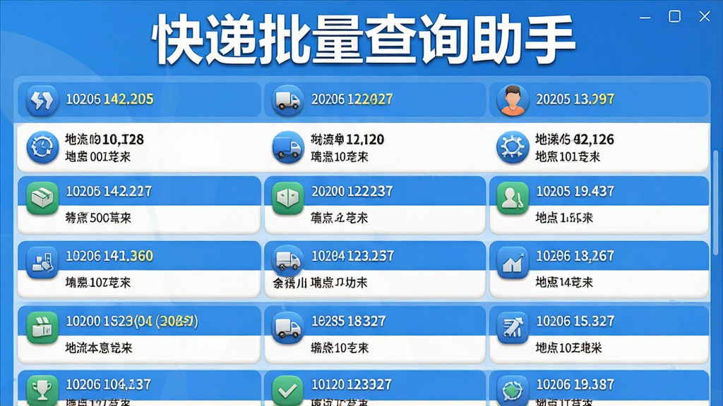 一幅展示快递批量查询助手主界面的高清截图,界面中央有大量快递单号列表,每条单号下方显示详细的物流跟踪信息,包括时间节点和地点,界面顶部有醒目的“快递批量查询助手”字样,整体风格简洁明亮,采用蓝色主题色调,图标立体清晰,排版整齐有序,细节丰富,画质干净无多余元素