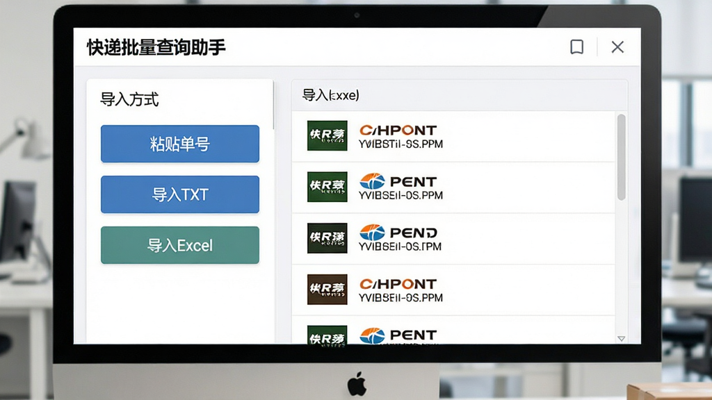 展示快递批量查询助手批量导入功能的界面,画面左侧为导入方式选择区域,包括“粘贴单号”、“导入TXT”、“导入Excel”三个按钮,右侧为已导入的单号列表,每条单号前有快递公司logo,顶部有“快递批量查询助手”名称,整体风格简洁商务,布局清晰,细节丰富,画质干净