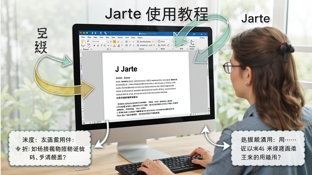 Jarte ʹ�ý̳̲�ͼ������չʾ�û�����ʹ��Jarte�༭�ĵ�����Ļ�������ֺ͹���������Χ�в���ָʾ��ͷ��˵���򣬷��дʵ������ɫ�������������������޶���Ԫ��